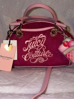 Juicy Couture Pink Velvet Embroidered Logo Satchel